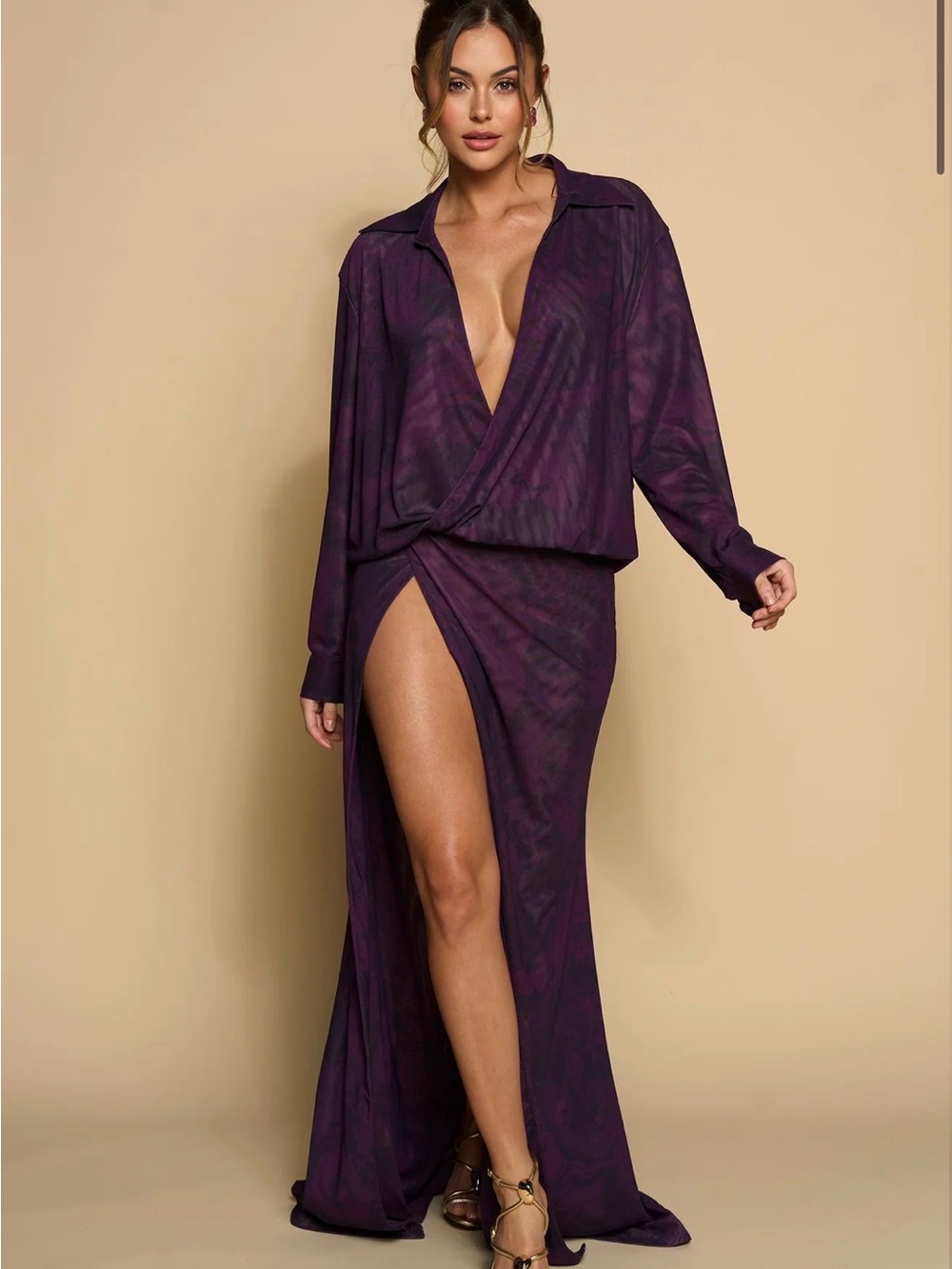 Plunge Wrap Maxi Dress in Deep Plum